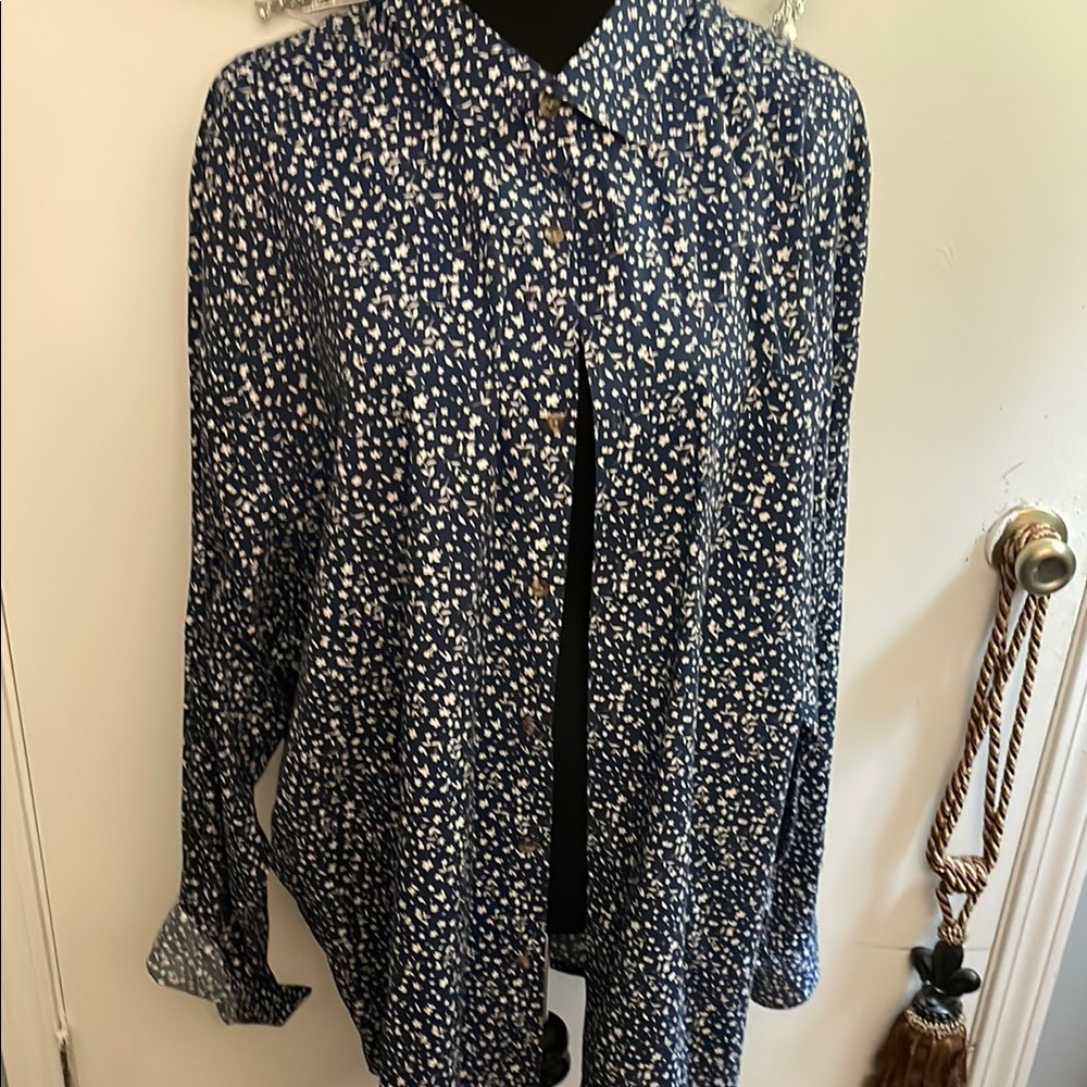 Navy and White Patterned Button-Up Blouse